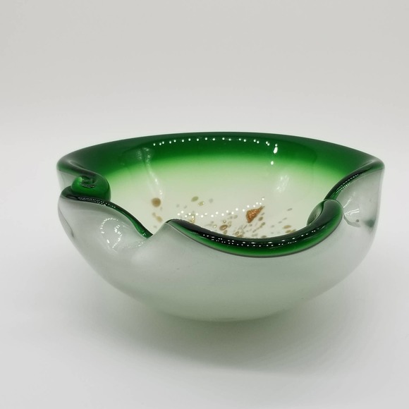 Art Glass Ash Tray Green White Gold Flecks - Picture 8 of 13